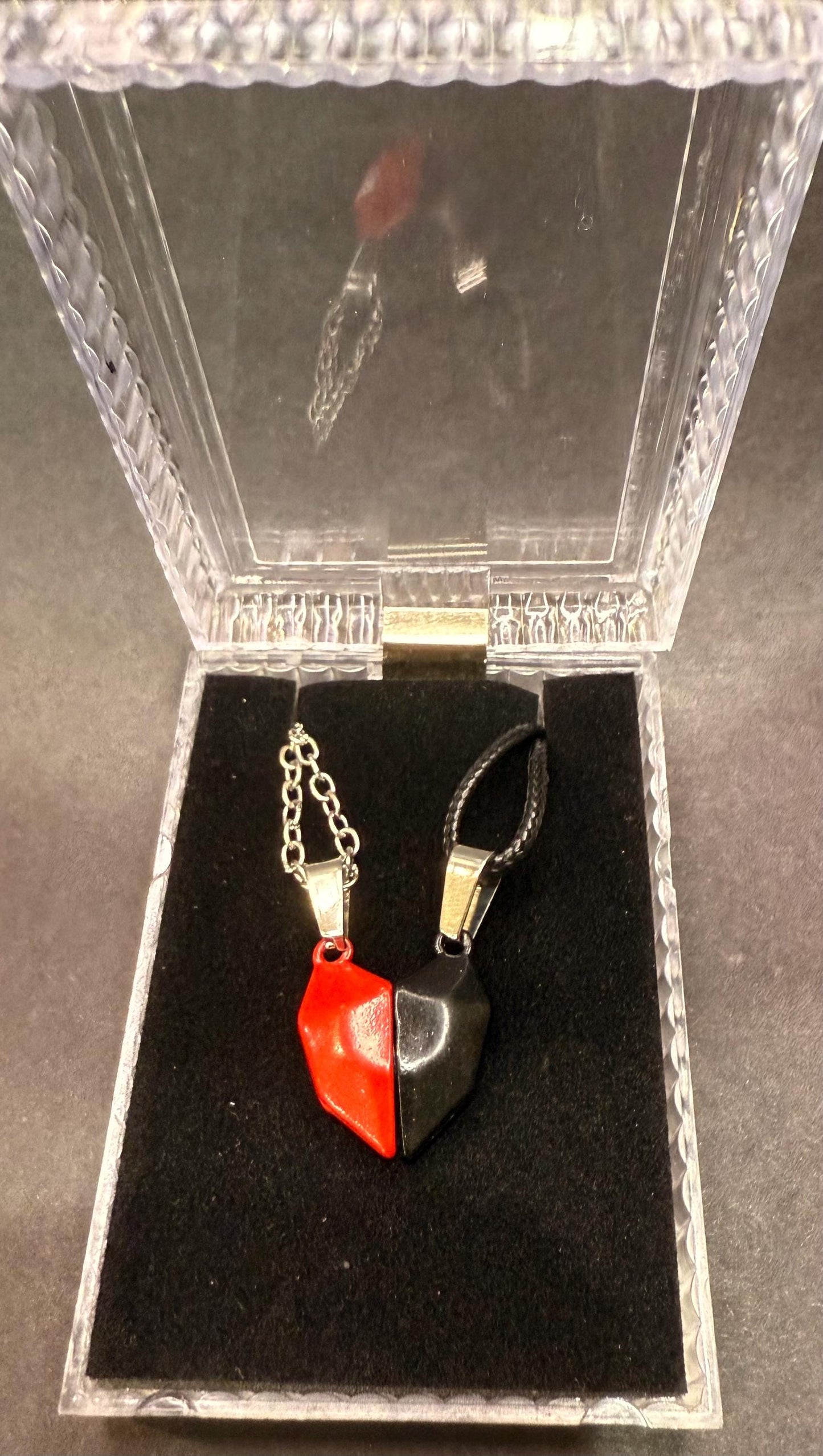Magnetic Couple Necklace  Red & Black Matching Heart Pendant, Romantic Gift for Lovers